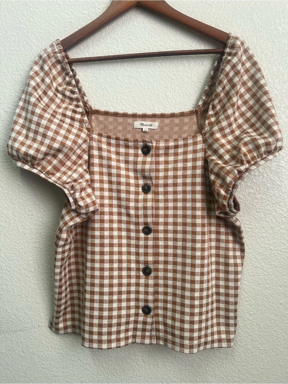 Madewell Brown and Cream Gingham Puff-Sleeve Button-Down Top - Picture 3 of 9